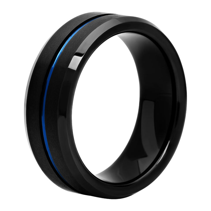 Black Matte Finish  Tungsten  Blue Center Grooved Fashion Band, 8mm