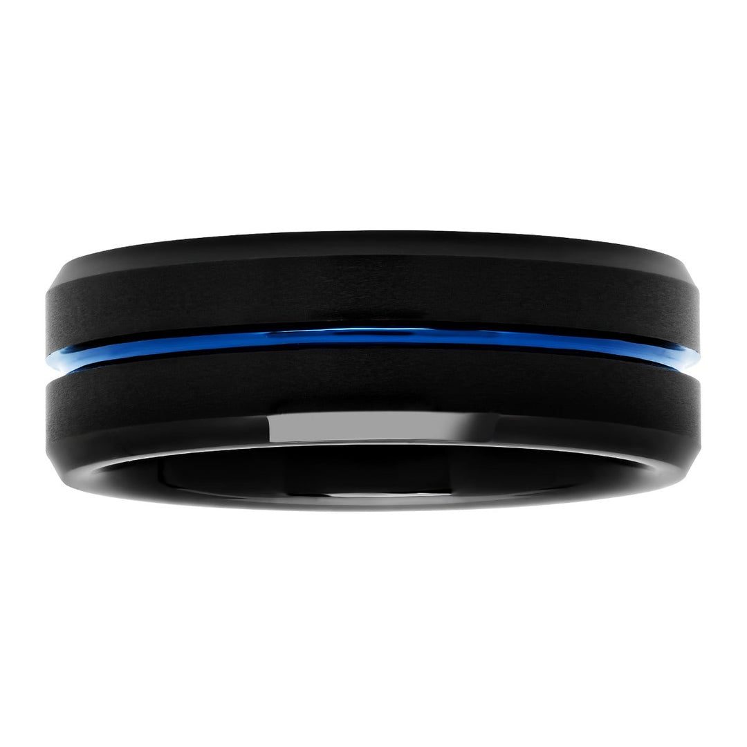 Black Matte Finish  Tungsten  Blue Center Grooved Fashion Band, 8mm