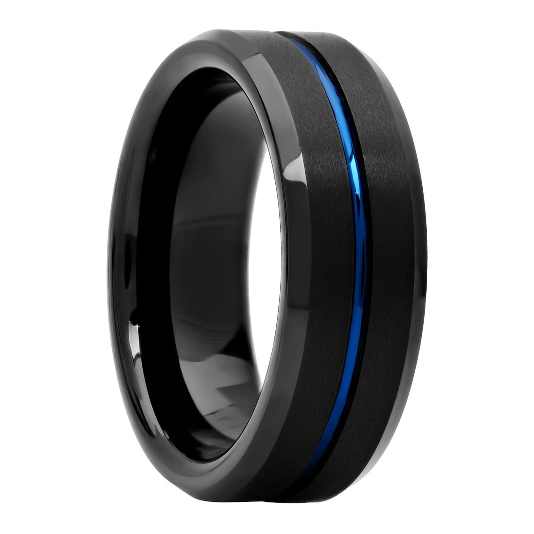 Black Matte Finish  Tungsten  Blue Center Grooved Fashion Band, 8mm Men's Wedding ring