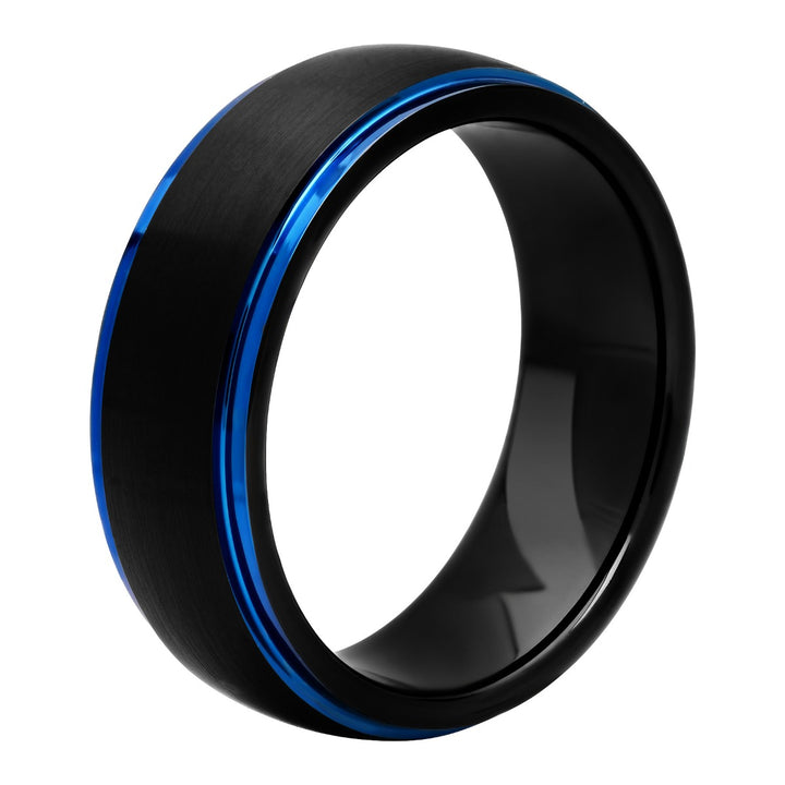 Black Matte Finish Blue Ip Step Edge Tungsten Fashion Band, 8mm