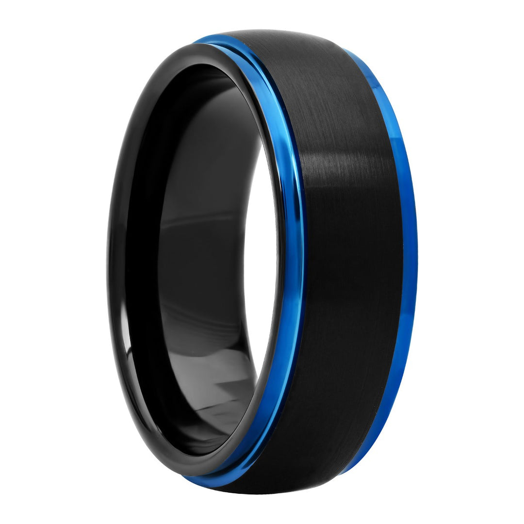 Black Matte Finish Blue Ip Step Edge Tungsten Fashion Band, 8mm Men's Wedding ring