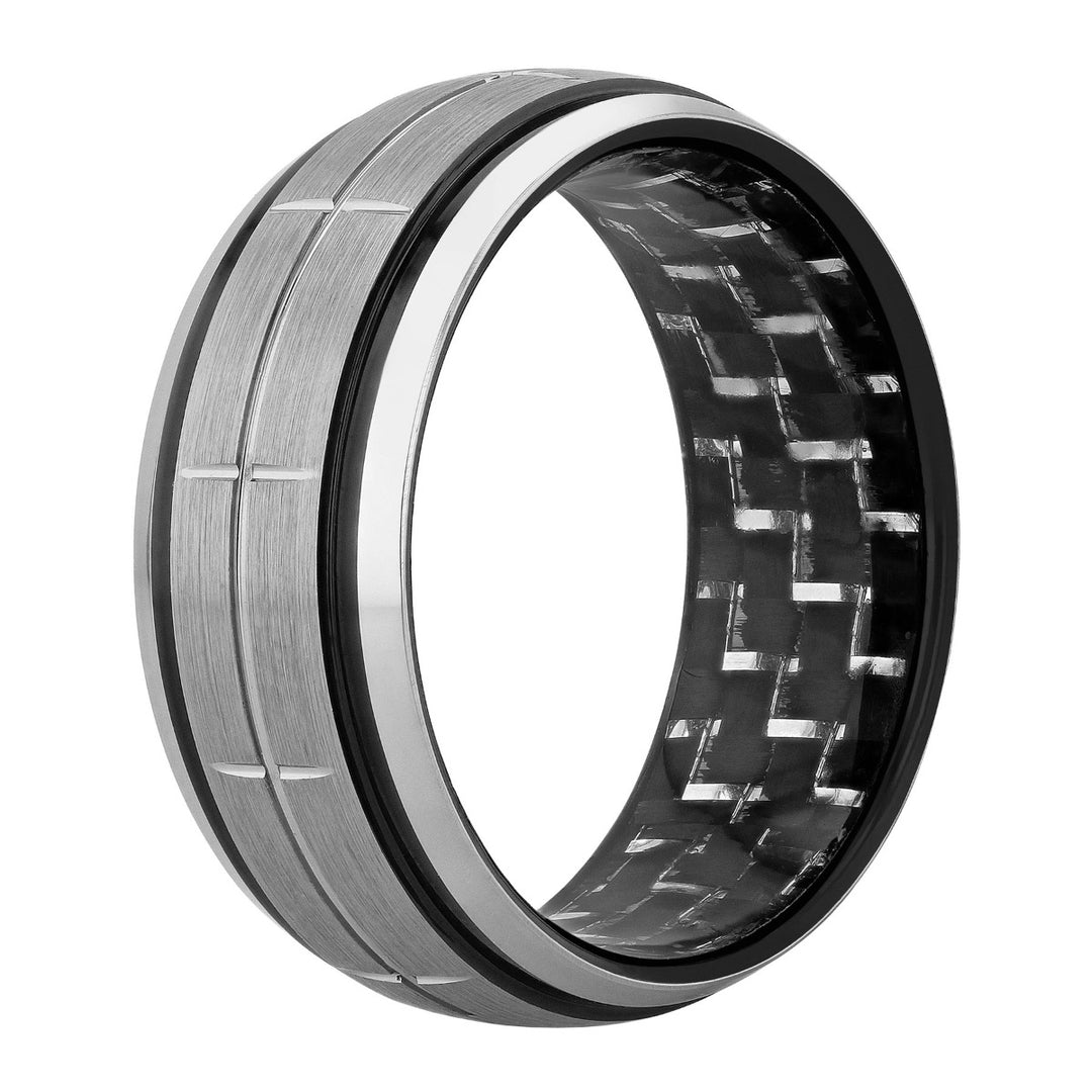 Tungsten W/Black & White Carbon Fiber Brushed Finish Grooved Band 8MM