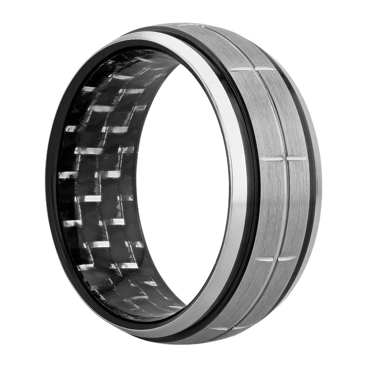 Tungsten W/Black & White Carbon Fiber Brushed Finish Grooved Band 8MM