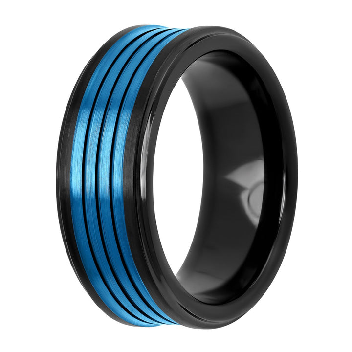 Tungsten Black & Blue IP Grooved Band 8MM