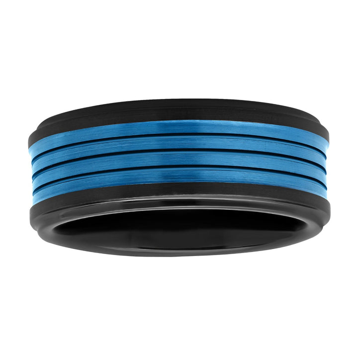 Tungsten Black & Blue IP Grooved Band 8MM