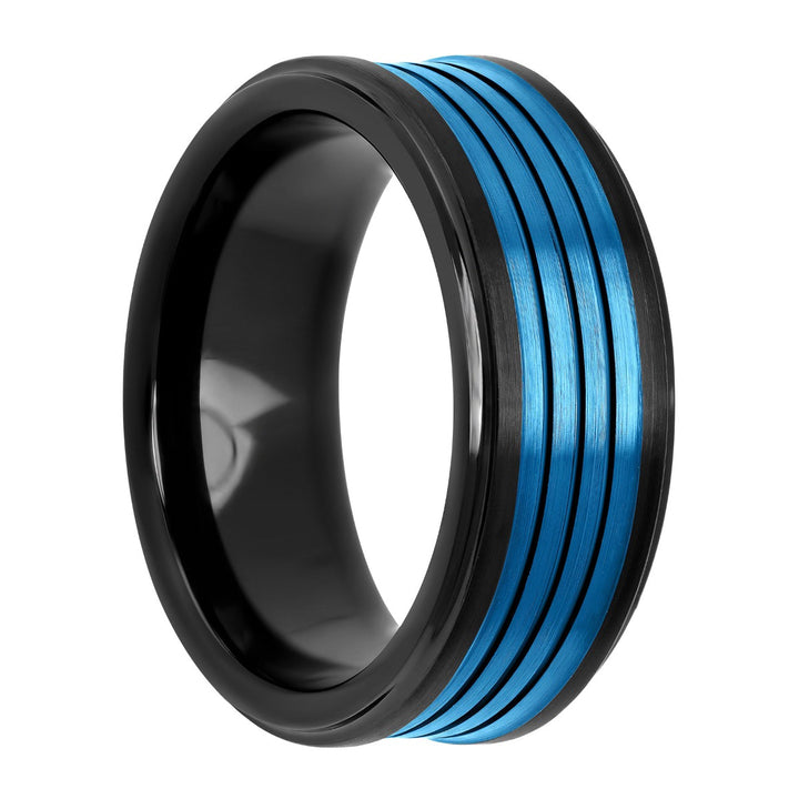 Tungsten Black & Blue IP Grooved Band 8MM