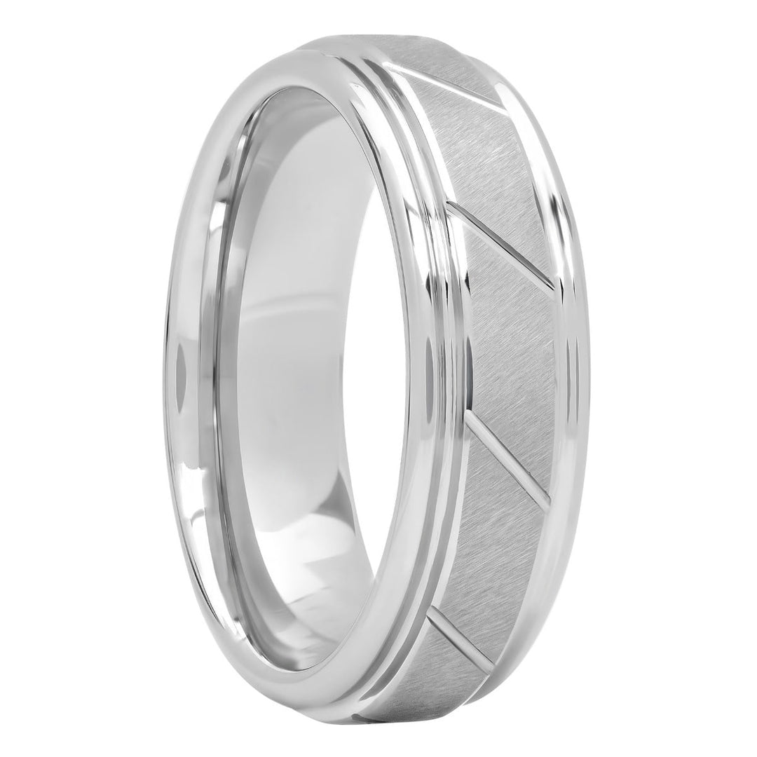 Tungsten Satin Finish Slant Groove Brush Finish Wedding Band, 7mm Men's Wedding ring