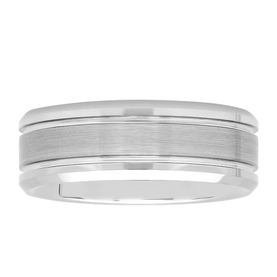 White Tugsten Brushed Center Double Grooved Fashion Band, 8mm