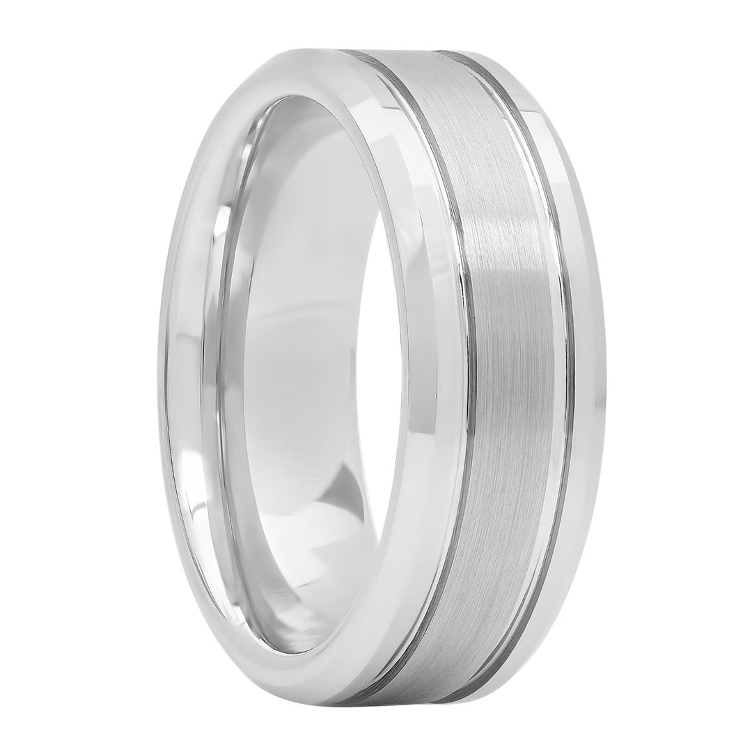 White Tugsten Brushed Center Double Grooved Fashion Band, 8mm Men's Wedding ring