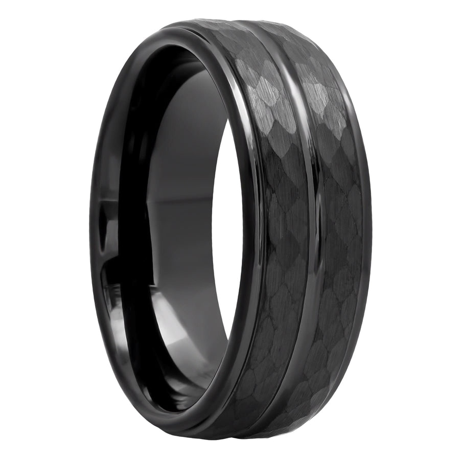 Men's Black Tantalum Carbide Wedding Band – 8mm Hammer Finish With Groove, Comfort Fit