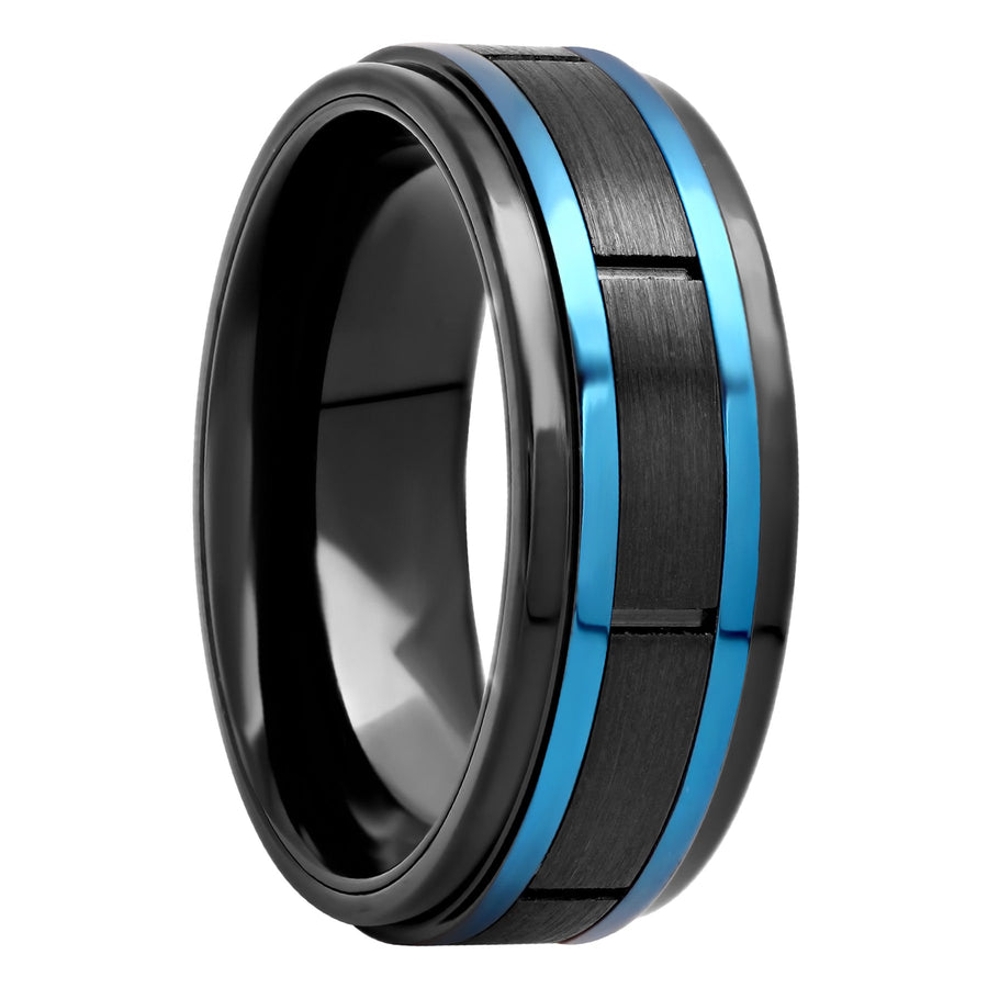 Black Stainless Steel Station With Blue Accent Band, 8mm Men's Wedding ring