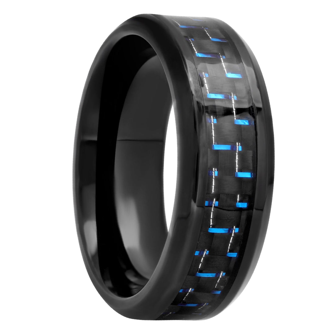 Black Stainless Steel With Blue Carbon Fiber Band, 8mm Men's Wedding ring