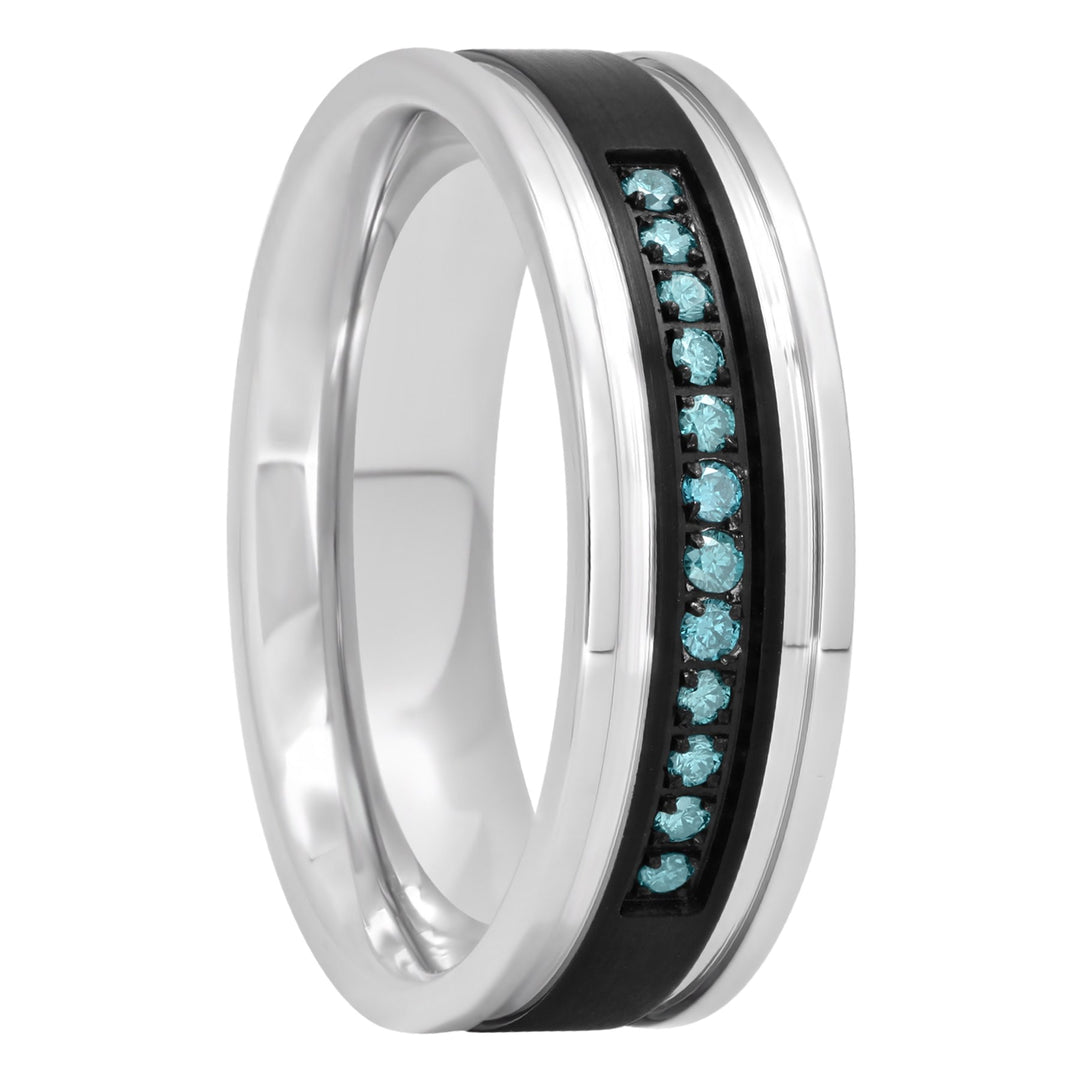 Black Stainless Steel With 1/7CTTW Blue Diamond Band, 7mm Men's Wedding ring